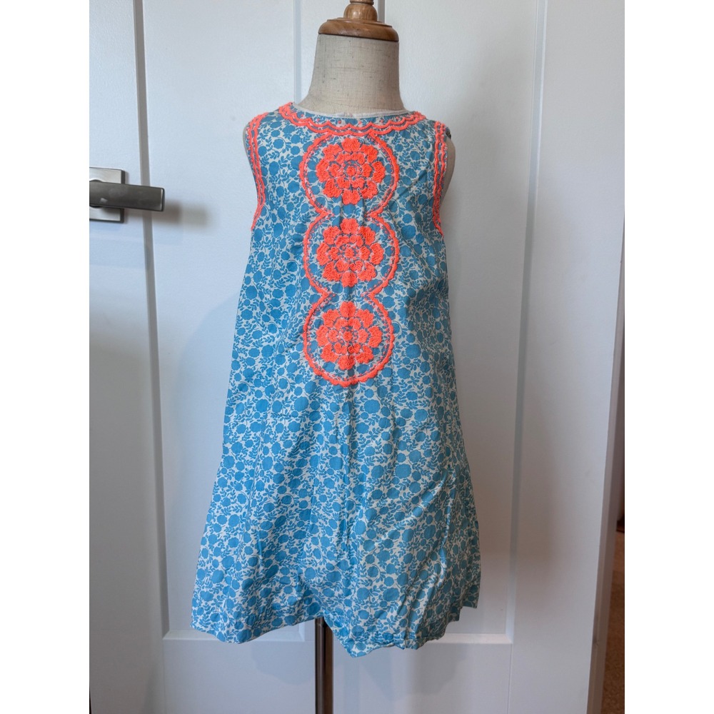 Mini Boden Girls Blue Floral Shift Dress Neon Orange Embroidery Size 4-5Y